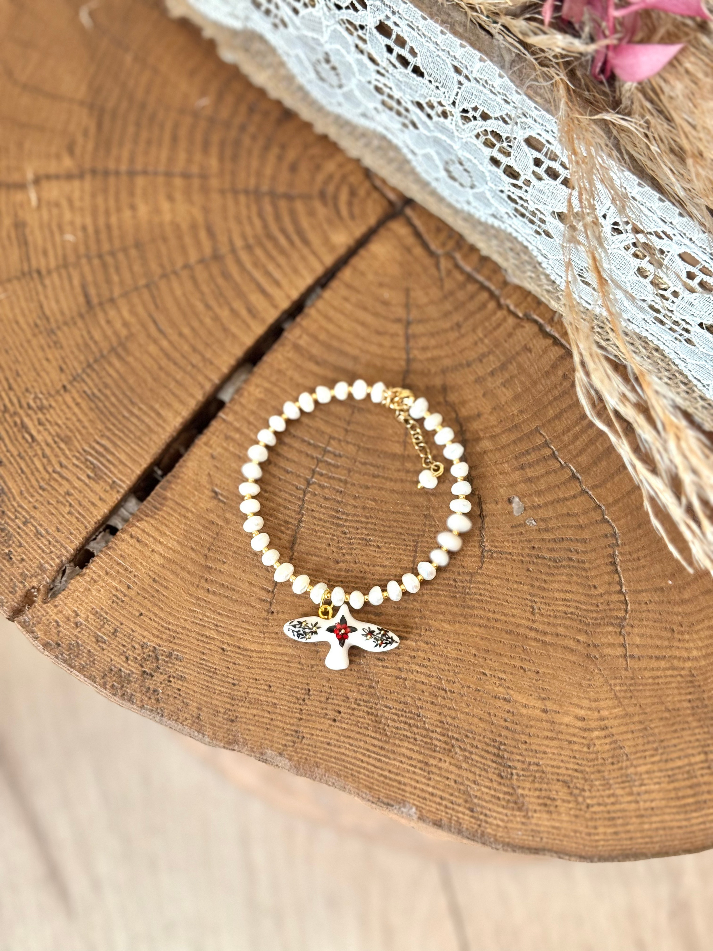 Браслет з річкових перлин Горлиця з розписом